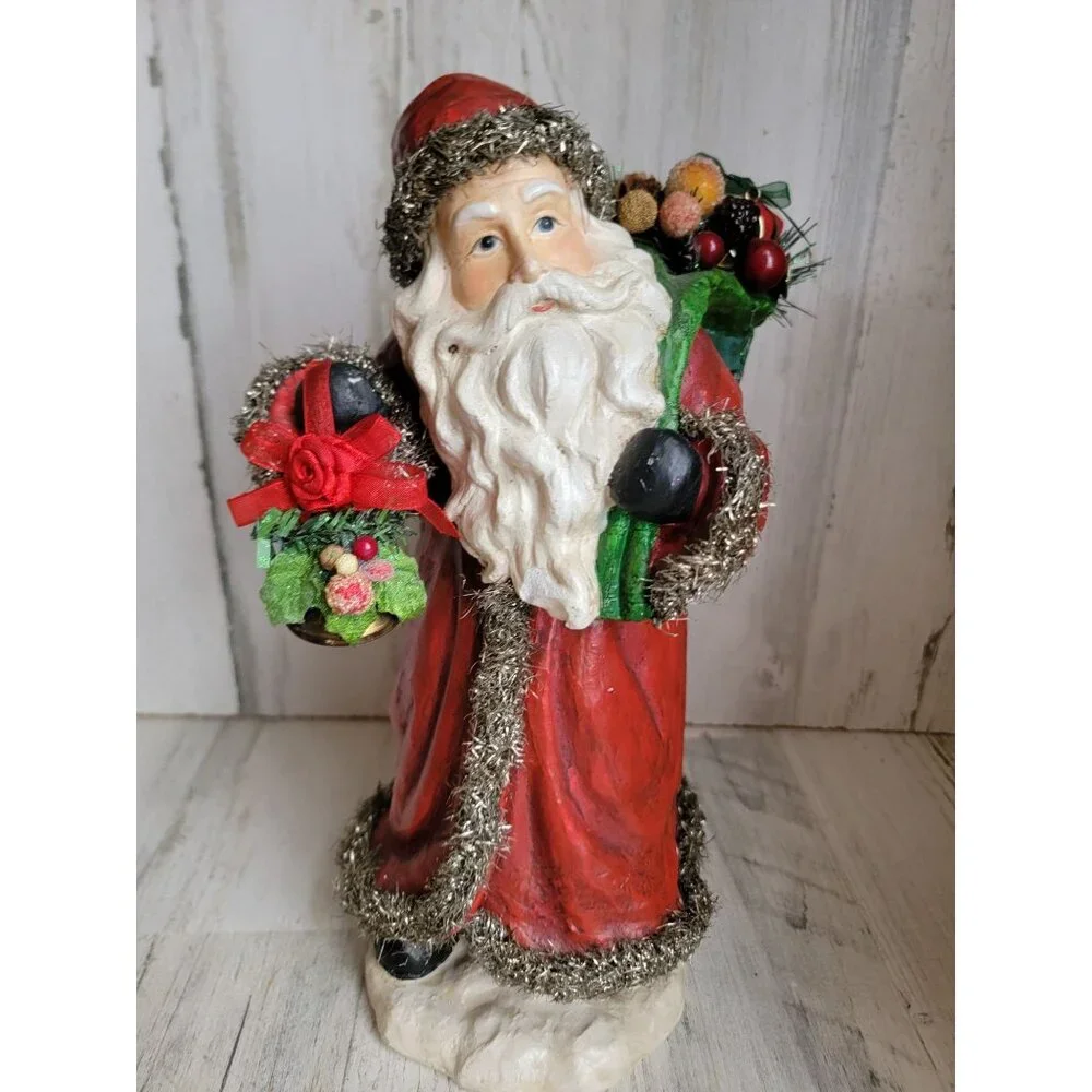 Vintage‎ santa claus tinsel robe basket xmas decor Woodland sack toy